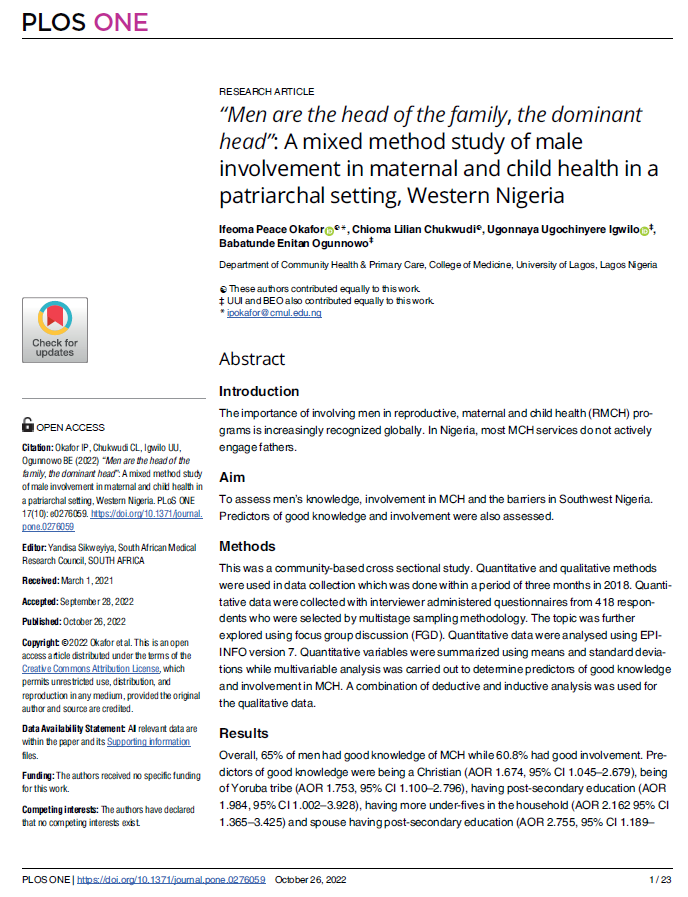 "Men are the head of the family, the dominant head": A mixed method study of male involvement in maternal and child health in a patriarchal setting, Western Nigeria